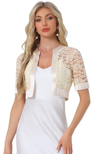 Allegra K Boléro en Dentelle Femme Transparent à Manches Courtes avec Panneau Satiné Cardigan Ouvert sur Le Devant pour Cocktail & Invité de Mariage