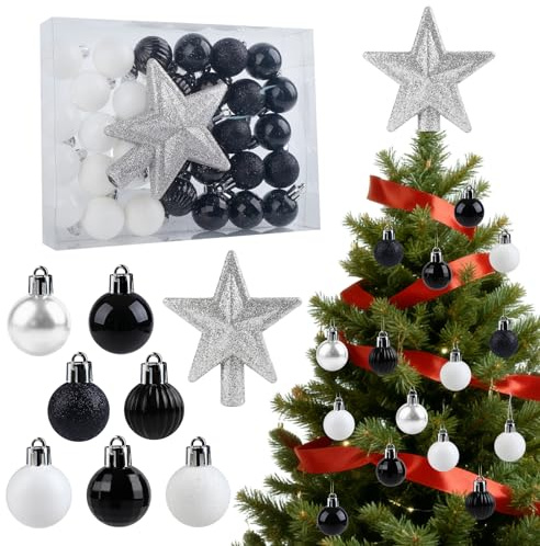 32Pcs Christmas Baubles, 3cm/1.18 Black and White Mini Christmas Tree Ball Decorations, Shatterproof Hanging Ornaments with Tree Star Topper for Xmas Party Indoor Outdoor Home Decoration