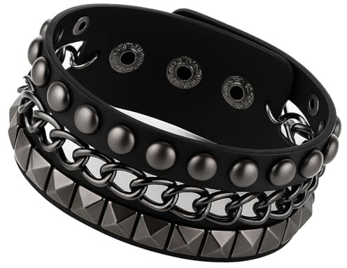 RubyTint 3pcs Punk Leather Bracelet Set for Men and Women – Adjustable Silver Studded Gothic Rock Wristbands, Vintage 80s Spike Cuff Bangles for Halloween Cosplay Party Accessories
