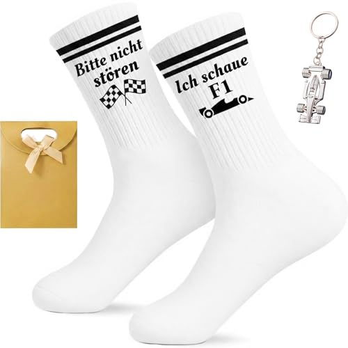 Scinzene Lustiges Formel 1 Geschenkset für Herren und Damen, Bitte nicht stören Ich schaue F1 Socken (EU 36-44), Rennwagen Schlüsselanhänger & Geschenktüte, Perfektes Formel 1 Fanartikel Zubehör