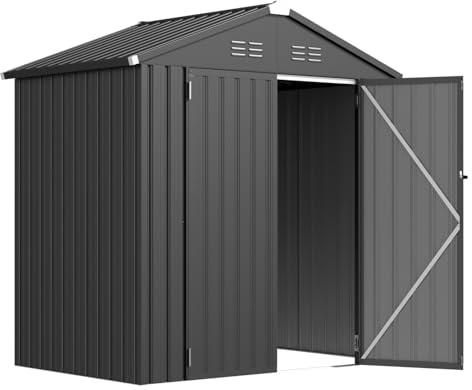 YODOLLA Metall Gerätehaus, 193 x 116 x 196cm Geräteschuppen mit Satteldach und Lüftungsschlitzen für Fahrrad, Werkzeug, Rasenmäher, Grau