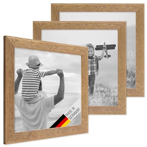 PHOTOLINI Bilderrahmen 30x30 cm Holz Eiche-Optik, 3er Set Echtholz-Rahmen rustikal, Strandhaus, Made in Germany, Echtglas, zum Aufhängen, extra Zubehör - Treibholzlook mit einem Hauch Küstenflair