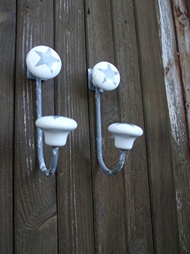 Garderobenhaken, Wandhaken, 2 einzelne Haken, Eisen, Porzellanköpfe