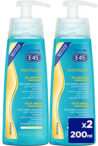 Bactopur Lutsine E45 - Gel Limpiador Purificante 2x200ml Pack Ahorro 2ªunidad 40% dto. - Limpia en profundidad Pieles Grasas y Acné - PH Equilibrado y Dermatológicamente testado