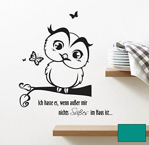 ilka parey wandtattoo-welt® Wandtattoo Wandaufkleber Eule Eulchen auf Zweig mit Spruch Ich hasse es, wenn außer mir nichts Süßes im Haus ist... M1440 - ausgewählte Farbe: *Türkis* ausgewählte Größe:*M 45cm breit x 60cm hoch