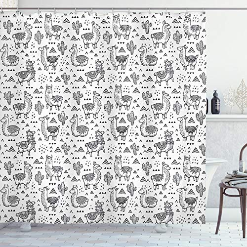 ABAKUHAUS Lama Duschvorhang, Doodle Alpaka Design, mit 12 Ringe Set Stielvoll Modern, 175x200 cm, Weiß Koksgraue