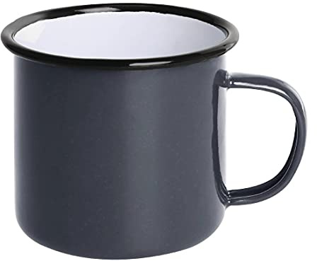 Olympia Heavy Duty Enamel Steel Mugs 350ml, Grey/Black (Pack of 6) | Oven and dishwasher safe serving cups build unique character with use, providing chemical and heat resistance.