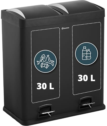 Homra Poubelle de Tri Sélectif 2 bac Maxer | Poubelle Cuisine 60l | Poubelle à Pédale 2x30 litres | Déchets et recyclage | Poubelle triple en Acier inoxydable | Poubelle pédale 2 compartiments | Noir