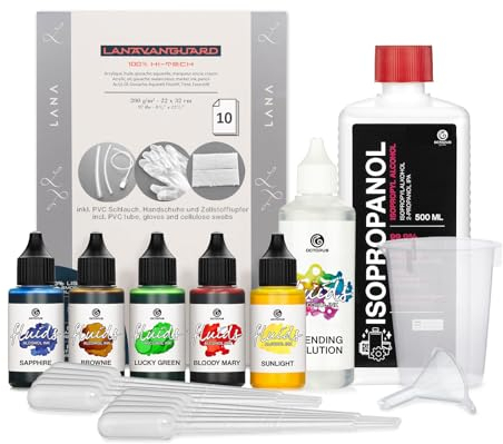 Octopus 5 x 30 ml Fluids Alcohol Ink Complete Kit CIRCLE with Blending Solution, Alcohol Ink Paper and supplies for fluid art