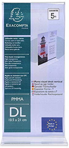 Exacompta - Réf. 83158D - 1 Porte-visuel DL droit vertical ou horizontal - Dimensions 100 x 210 mm - PMMA (acrylique) menu pour restaurants, carte de prix, conférence et réception - Couleur Cristal