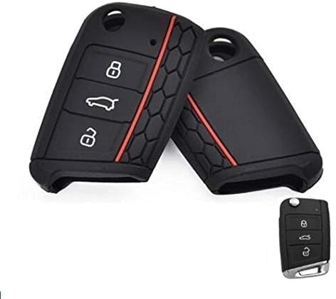Schlüsselgehäuse kompatibel mit Volkswagen Golf, Polo, Tiguan, T-ROC, T-CROSS, Passat, Seat Gummi 3-Tasten-Schlüsselanhänger weiche Schutzhülle Auto-Fernbedienung (schwarz)