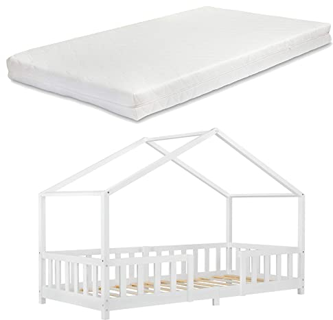 [en.casa] Letto per Cameretta Letto Singolo a Forma di Casetta con Barriera di Protezione per Bambini Struttura in Legno di Pino Materasso a Schiuma Fredda 90x200 cm Bianco