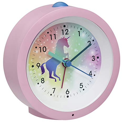 TFA Dostmann 60.1033 Analoger Kinderwecker Kindermotiv Sweep-Uhrwerk (Rosa mit Batterien)
