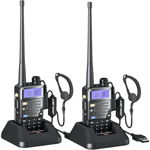 JUCJET 5RE M Ham Radio Walkie Talkies, 128 Channels, 2 Pack | 144-146/430-440MHz, 128 channels, One-Key Frequency Match, USB charging dock, shared setup, 2 pack