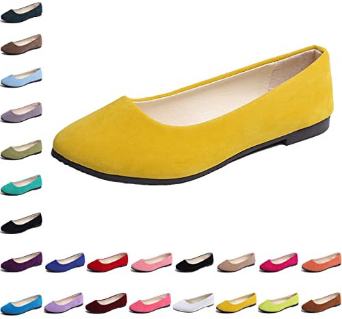 Hwalleum Women's Ballet Flats, Womens Simple Casual Flat Shoes Solid Color Pumps Ladies Girls Dolly Ballet Ballerina Work Smart Office Formal Comfort Pointed Toe Slip On Flats Shoes Yellow