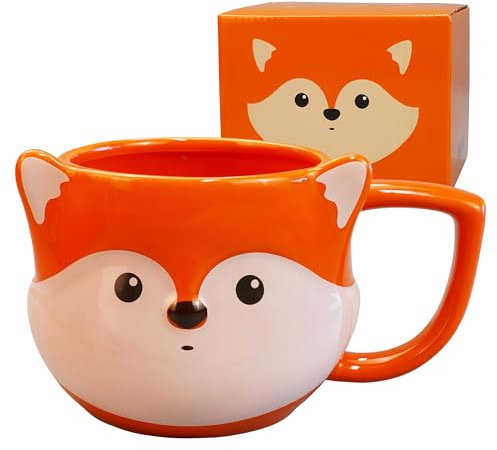 ToCooTo Fox Mug 14 oz Cute Ceramic Coffee Mug 3D Porcelain Tea Mug for Women Kawaii Cup Fox Gifts for Women Christmas Gifts Housewarming Holiday Birthday Gifts for Women Mom Kids Men Friend Orange
