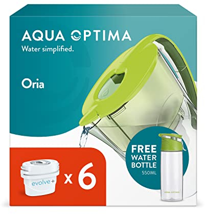 Aqua Optima Oria Wasserfilterkanne & 6 x 30 Tage Evolve+ Wasserfilterkartusche, 2,8 Liter Fassungsvermögen und ein 380-ml-Reisebecher, zur Reduzierung Verunreinigungen, Grün,