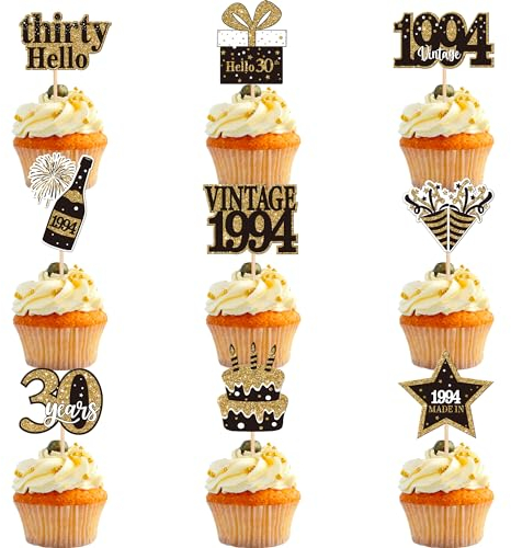 SYKYCTCY 36 Pack Happy 30th Birthday Cupcake Toppers cheers to 30th Vintage 1995 Cupcake Picks Hello Thirty Birthday Cupcake Decorations for 30th Birthday Wedding Anniversary Party Supplies