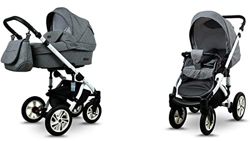 BabyLux® Sky Lark 2-in-1 Baby Kinderwagen Tief und Kinderwagen mit Zubehör Verstellbar und faltbar Aluminiumkonstruktion Wasserdicht Nicht abnehmbare Räder Grey Flex White Frame