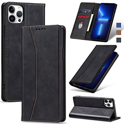 Jasonyu Handyhülle für iPhone 13 Pro Hülle Leder Flip Klappbare Stoßfeste Magnetische Premium PU Leder Standfunktion Kartenfächern Schutzhülle Klapphülle für iPhone 13 Pro,Schwarz