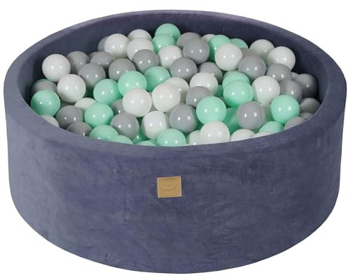 MEOWBABY Piscina di Palline per Bambini - Tondo 90x30cm Piscine con 200 Palline Colorate, Velluto, Blu-Grigio: Bianco/Grigio/Menta
