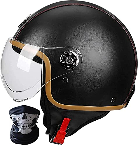 Retro-Motorradhelm JetHelm, Vintage-Halbhelm Aus Leder Mit Offenem Gesicht, DOT/ECE-Zertifiziert Für Cruiser, Moped, Chopper, Scooter, Für Männer Und Frauen, Braun (55–62 cm) Black,M