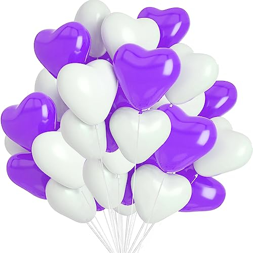 50 Stück Herzluftballons Lila Weiß, 12 Zoll Herzluftballons, Helium Herzluftballons, Latex Ballons mit Herzform für Geburtstags Valentinstag Hochzeitsdeko Brautdusche Verlobung Party