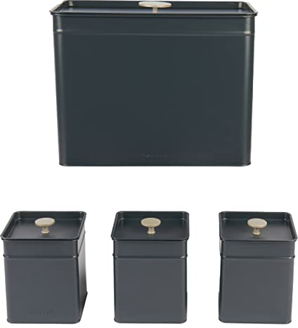 Salter Marino Storage Canister Set – 4-Piece Kitchen Containers, Bread Bin/Tea/Coffee/Sugar Tin, Square Countertop Organiser Caddy Boxes, Easy Clean, Keep Food Fresh, Blue Grey