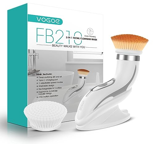 VOGOE Facial Cleansing Brush Electric, Rechargeable Spin Face Brush Waterproof IPX6, Face Wash Brushes with 2 Speeds and 2 Brushes for Deep Cleansing and Gentle Exfoliation FB210 Grey