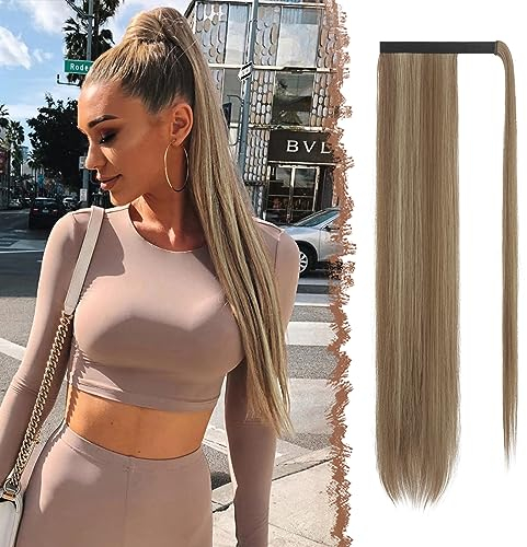 FESHFEN Lang Glattes Pferdeschwanz Haarteil Synthetik Haarverlängerung Zopf Haar Extension für Damen Mädchen, Karamellbraun Gemischt Aschblond 70 cm