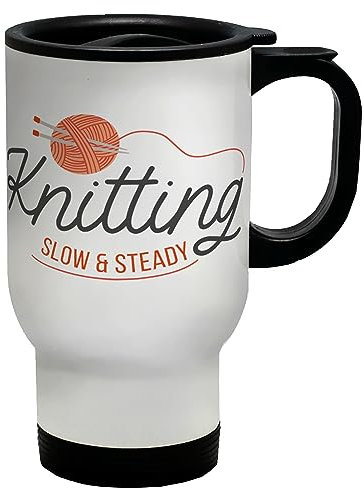 Shopagift Knitting Travel Mug Funny Slow and Steady Needle & Yarn Gift Stainless Steel 14oz Cup