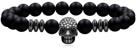 Uloveido Totenkopf-Armband – natürliche schwarze weiße Steinperlen, verstellbar, elastisch, Punk, Gothic-Stil, Skelett-Armbänder für Männer und Frauen, Ehemann, Freund, Gebetsschutzarmband Y4240,