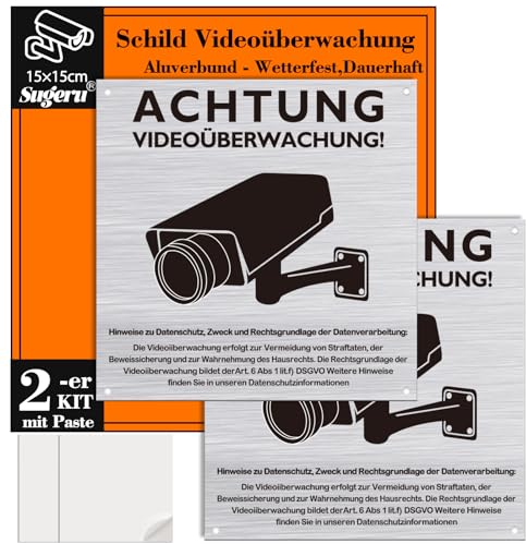 SUGERU® 2 placas de videovigilancia con pasta – 150 mm | Atención de videovigilancia privada cartel | este objeto se supervisa con vídeo, compuesto de aluminio, resistente a la intemperie, duradero (2