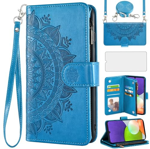 Asuwish Handyhülle für Samsung Galaxy A22/M32/M22 4G Hülle mit Band und Folie Schutzfolie Kartenfach Klappbar Leder Blumen Geldbörse Ständer A 22 22A F22 G4 Handy Hüllen Schutzhülle Phone Case Blau