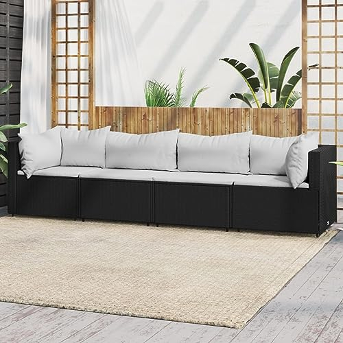 NITCA 4-TLG. Balkon Lounge Klein Rattan,Balkon Ecksofa Klein Schwarz und Weiß,Lounge Klein Balkon,Balkonlounge,Lounge Moebel Balkon Klein mit Kissen,Balkonmöbel Rattan(2xEckteil+2xMittelteil)