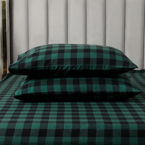 Elegant Comfort Ultraweiches 4-teiliges Flanell-Bettwäsche-Set aus 100% türkischer Baumwolle, kariert, warm und gemütlich, Premium-Qualität, Spannbettlaken mit tiefen Taschen, Grün