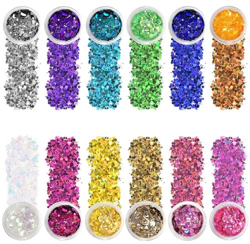 Littlegaofeithing 12Pcs Paillette Cosmétiques Glitter Fines,Paillettes de Corps pour Visage, Cheveux, Halloween, Fête(Rose, blanc, cyan et autres couleurs claires)