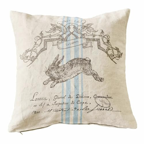 Loberon Kissenhülle La Lapin, mit Häschen-Motiv und Ornamenten, Landhaus Stil mit Vintage-Charme, Kissenbezug, Ostern, Ostertextilien, Leinen, Baumwolle, beige