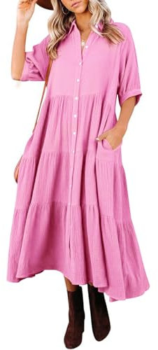 R.Vivimos Chemise Robe Femmes Longue Chic Elegant d'été plissée superposée Robe Midi à Manches mi-Longues et boutonnée(M,Rose pâle)