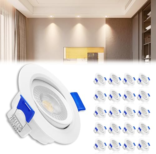 Froadp 20 Stück Einbauleuchten Decken, 230V LED Deckenleuchte Flach Einbaustrahler Set, Kunststoff Deckenspots Haushalt, 5W Ultraslim LED Spots für Wohnzimmer Küche Bad Büro (Warmweiß 3500K)