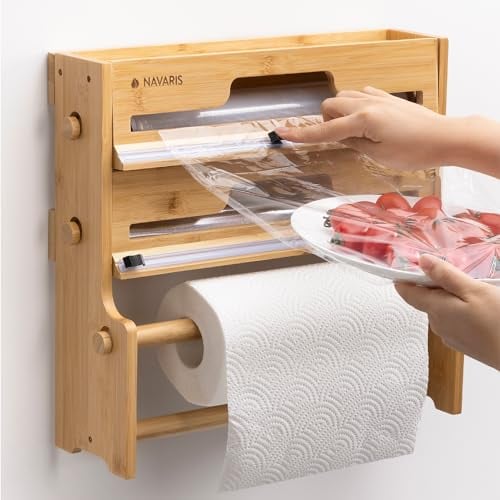 Navaris 3-in-1 Küchenrollen Frischhaltefolie Alufolienspender aus Bambus - Halter für Alufolie Küchenrollenhalter Wand - Wandrollenhalter Küche - Folienspender auch freistehend