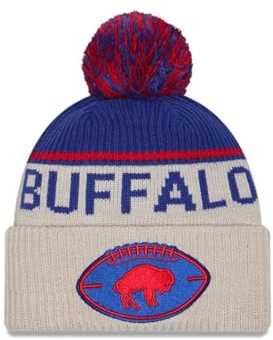 New Era Buffalo Bills NFL 2024 Sideline Historic Sport Knit Beige Blau Bommelmütze - One-Size