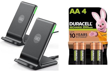 INIU Wireless Charger 2-Pack, 15W Qi Certified Fast Wireless Charger Stand & Duracell Rechargeable AA Batteries (Pack of 4), 2500 mAh NiMH, pre-charged