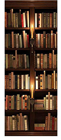 Poster Porte Sticker Papier Peint Trompe l'Oeil Adhésif Autocollant 3D pour Cuisine Chambre Salle de Bain Auto-adhésif Amovible Murale Décoration 93x205 cm Bibliothèque