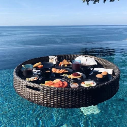 guoyjmm Bandeja Flotante Redonda, Bandeja De Servicio Tejida con Asas, Bandeja Redonda para Piscina, Bandeja De Servicio Flotante para Agua De Fiesta En La Piscina,Black-80cm