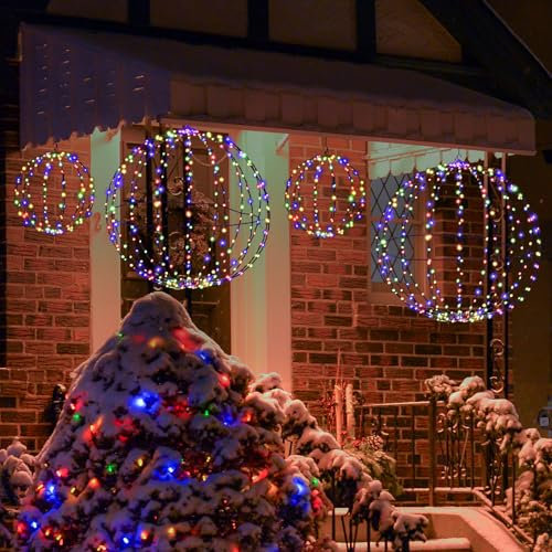 GYMAX 2er LED Leuchtkugel, Lichterkugel mit 440 bunten LED-Lichtern & Metallrahmen, hängende Kugel, Weihnachtsdeko, Weihnachtsbeleuchtung für Innen & Außen
