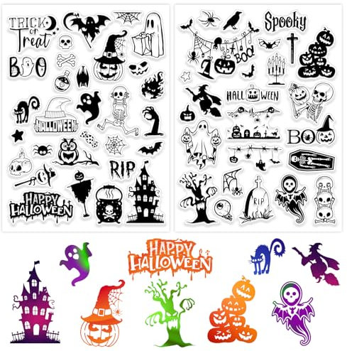 BOOMTOP 2 Bögen Halloween Silikon Stempel Transparente Stempel Clear Stamps für Kartenherstellung Klare Stempel Set Kürbis Geist Fledermaus DIY Scrapbooking Fotoalbum Journaling Geschenkverpackung