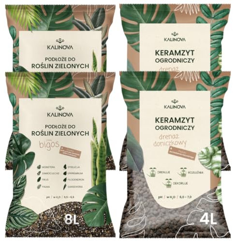 KALINOVA Leichte Erde für Grünpflanzen 2x8L + Blähton 2x4L - Set - Keramsit - Tongranulat zur Drainage, Deko - Blumenerde für Zimmerpflanzen - Zimmerpflanzenerde - Pflanzerde