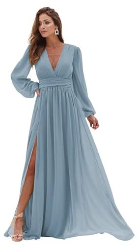 ChicFash Long Sleeves Bridesmaid Dresses with Slit V Neck Chiffon Wedding Guest Dress Formal Evening Dresses for Women Dusty Blue