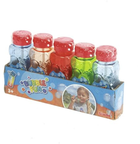 Simba Toys Bubble Fun Seifenblasen‑Flasche 5er Set – je 60 ml Seifenblasen‑Lauge mit Stab – ideal für Kinder ab 3 Jahren – abwaschbar und sicher – Outdoor Spaß mit bunten Blasen